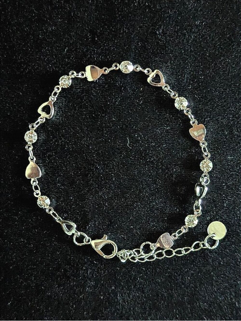 Dainty Silver Plated Heart Charm and Crystal Bracelet Adjustable Women's Jewelry